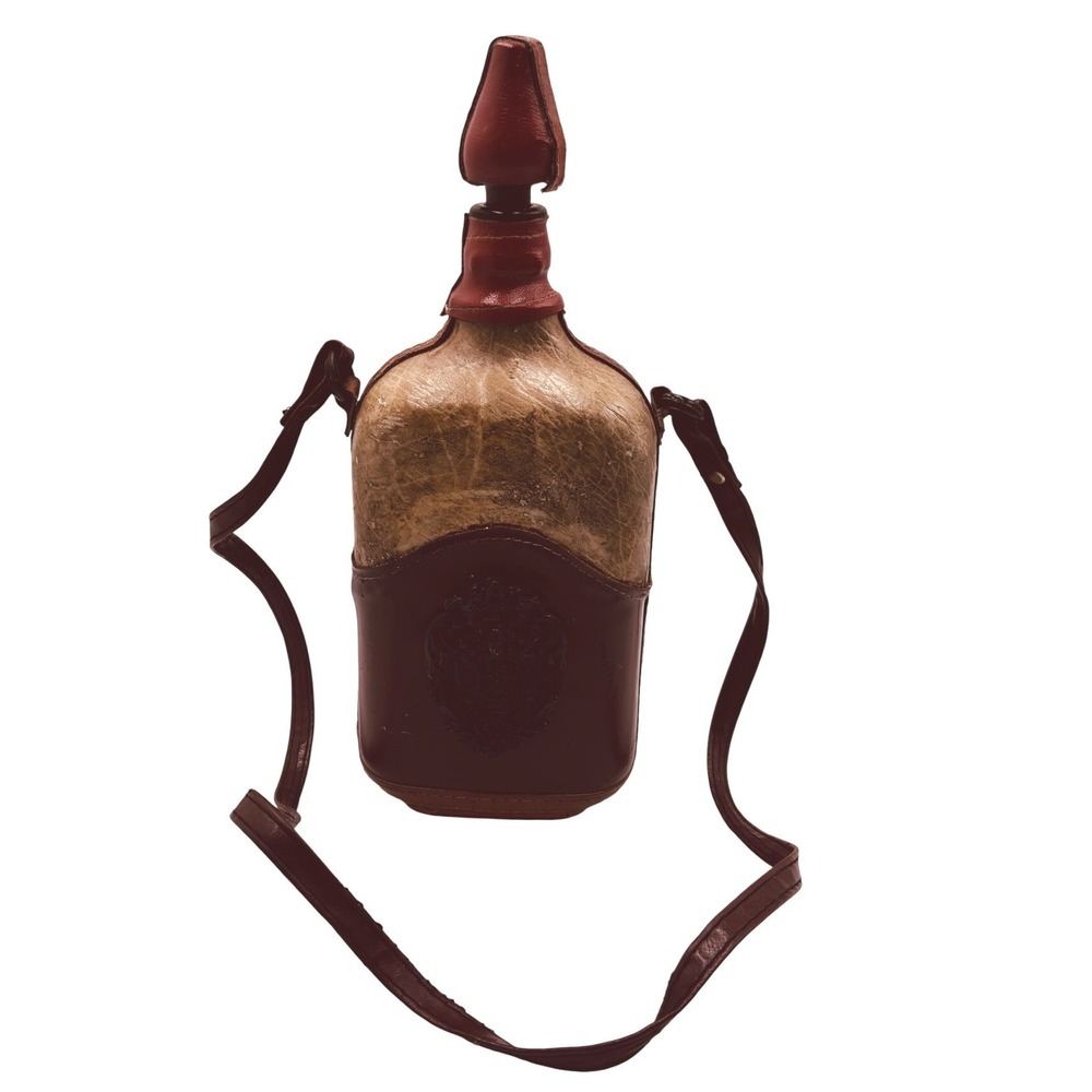 Vintage Leather Wrapped Canteen Decanter Burgundy Brown Heraldic Crest Strap